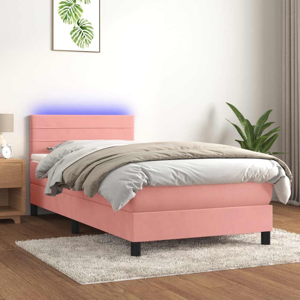 Κρεβάτι Boxspring με Στρώμα & LED Ροζ 100x200 εκ. Βελούδινο