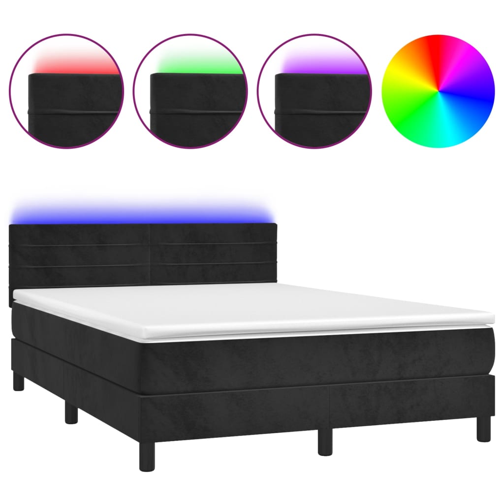 Κρεβάτι Boxspring με Στρώμα & LED Μαύρο 140x190 εκ. Βελούδινο