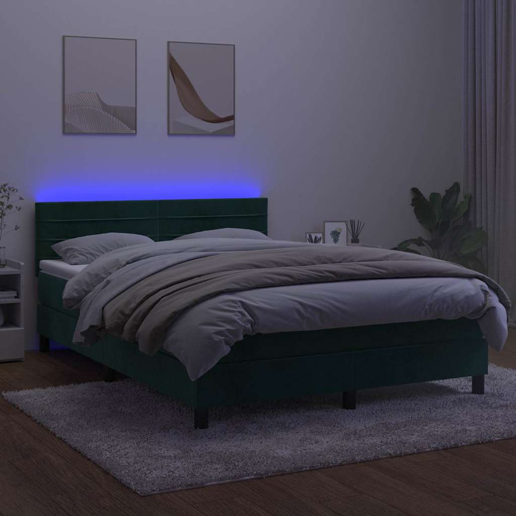 Κρεβάτι Boxspring με Στρώμα & LED Σκ. Πράσινο 140x190εκ Βελούδο