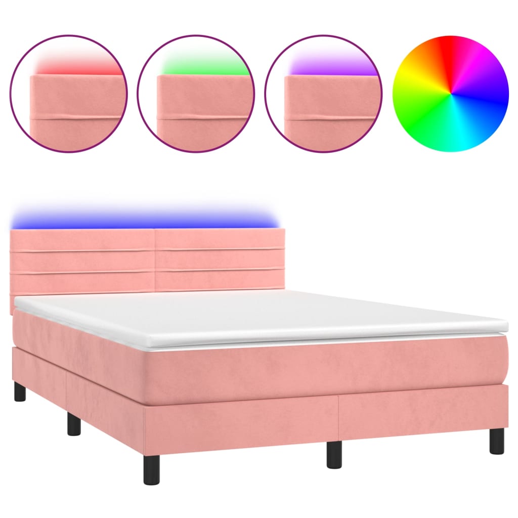 Κρεβάτι Boxspring με Στρώμα & LED Ροζ 140x190 εκ. Βελούδινο