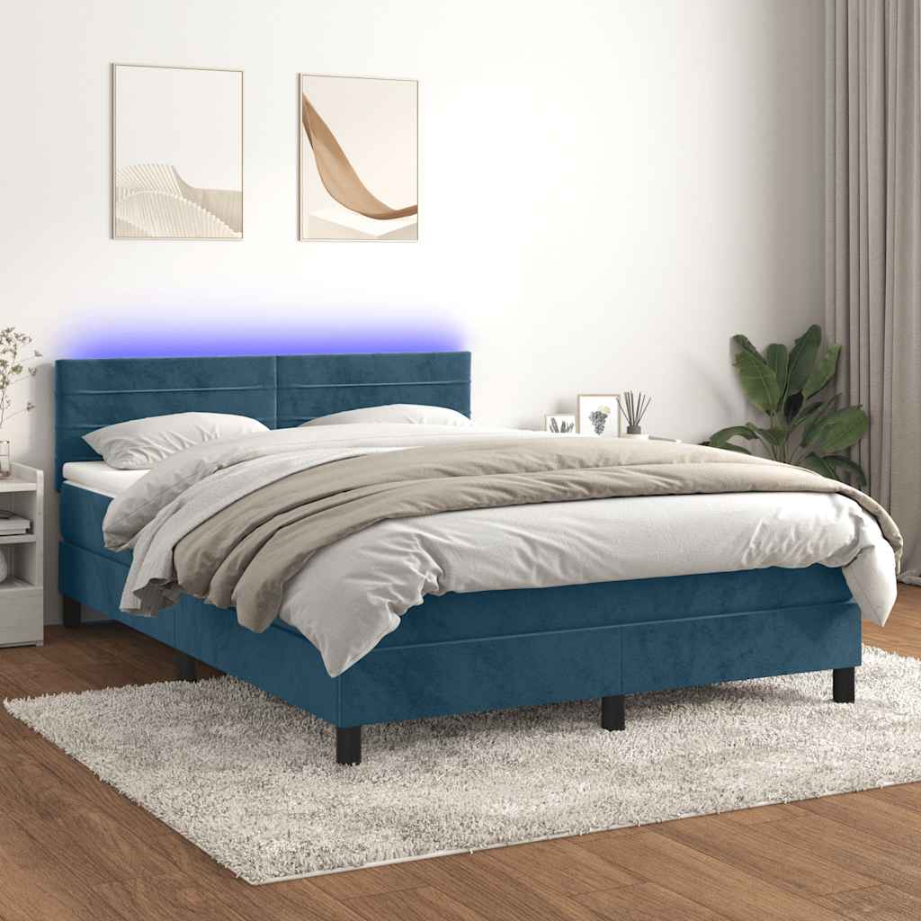 Κρεβάτι Boxspring με Στρώμα & LED Σκ. Μπλε 140x200εκ. Βελούδινο