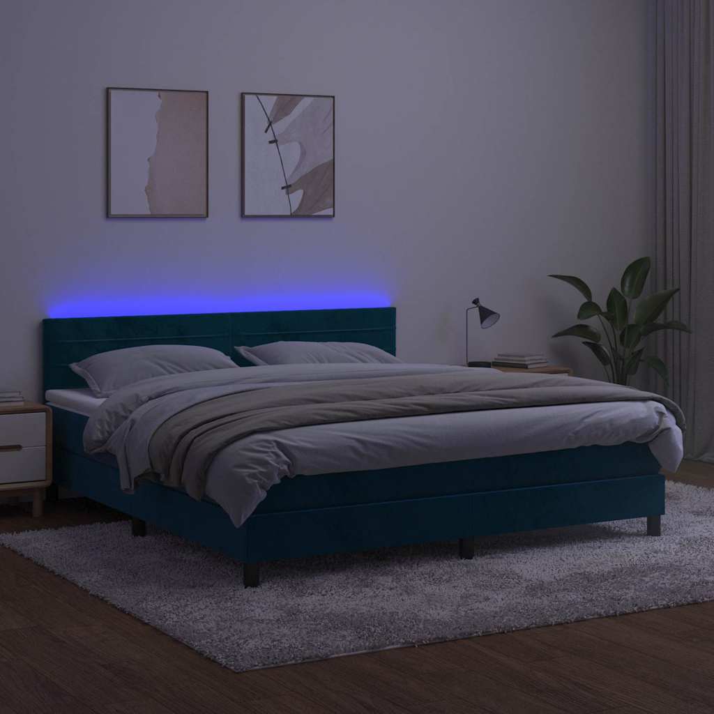 Κρεβάτι Boxspring με Στρώμα & LED Σκ. Μπλε 160x200εκ. Βελούδινο