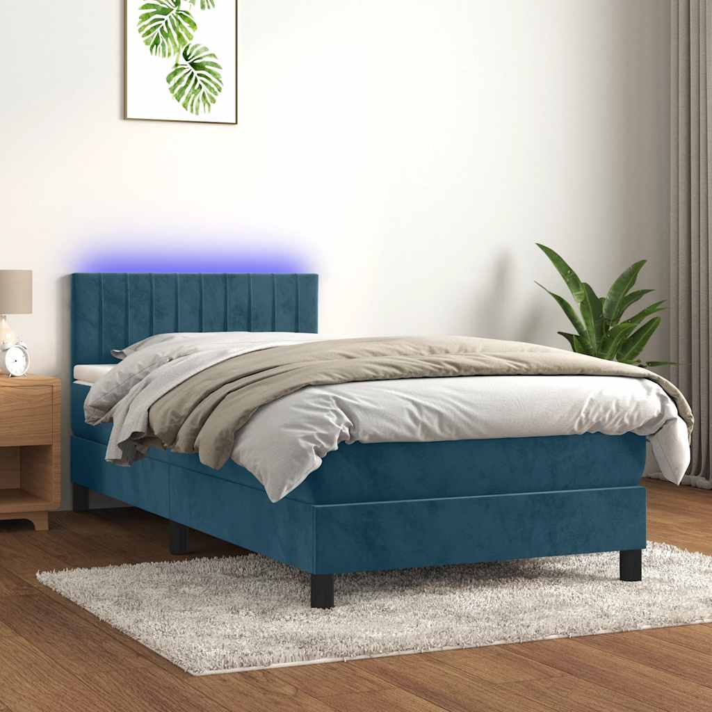 Κρεβάτι Boxspring με Στρώμα & LED Σκ. Μπλε 80x200 εκ. Βελούδινο