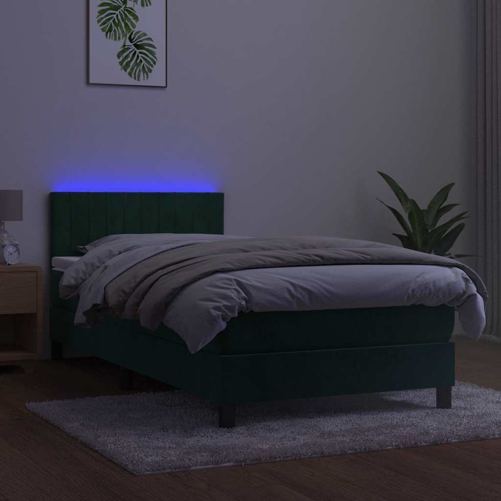 Κρεβάτι Boxspring με Στρώμα & LED Σκ. Πράσινο 90x190 εκ Βελούδο
