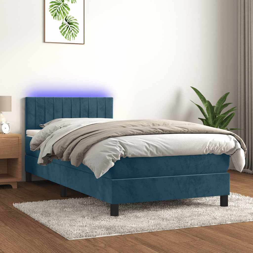 Κρεβάτι Boxspring με Στρώμα & LED Σκ. Μπλε 90x200 εκ. Βελούδινο