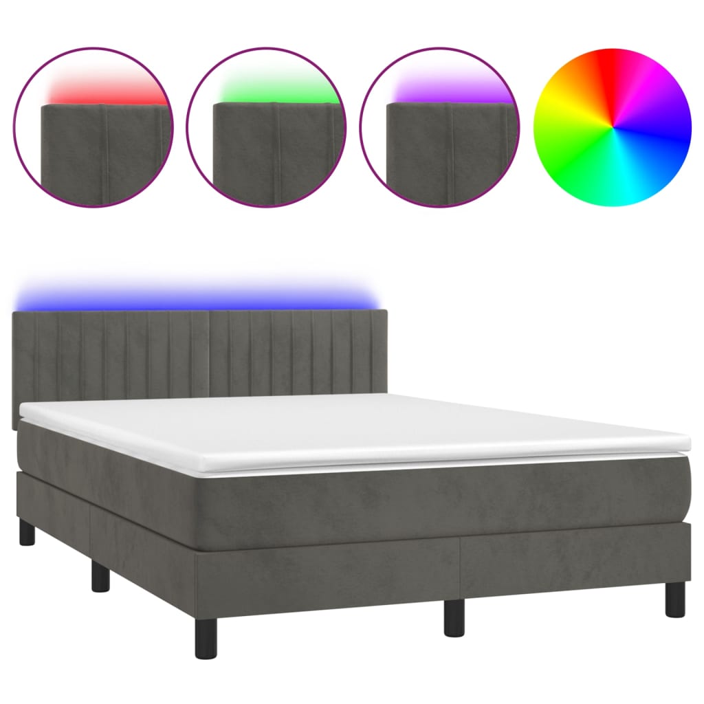 Κρεβάτι Boxspring με Στρώμα & LED Σκ. Γκρι 140x190εκ. Βελούδινο