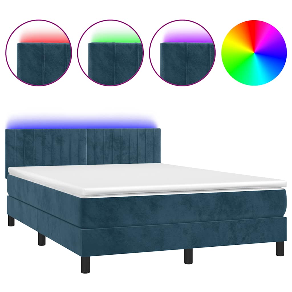 Κρεβάτι Boxspring με Στρώμα & LED Σκ. Μπλε 140x190εκ. Βελούδινο