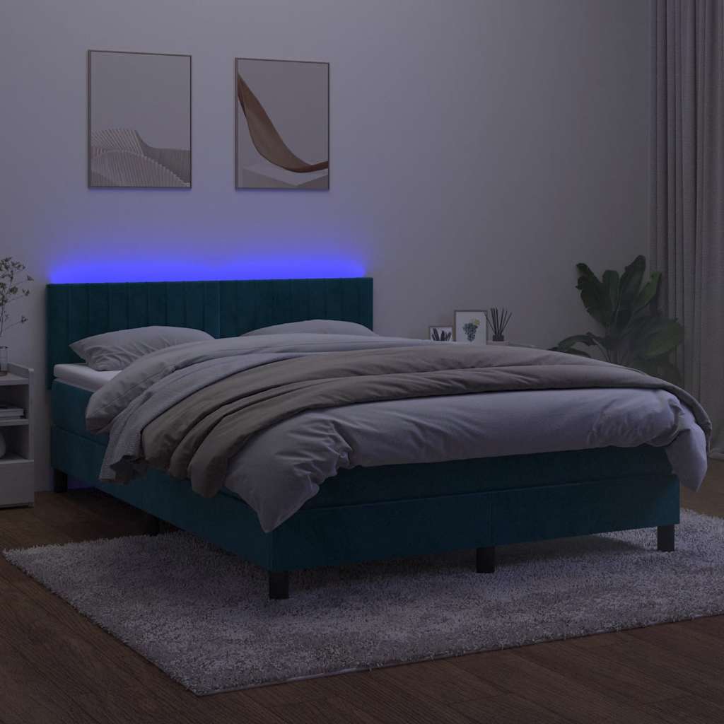 Κρεβάτι Boxspring με Στρώμα & LED Σκ. Μπλε 140x190εκ. Βελούδινο