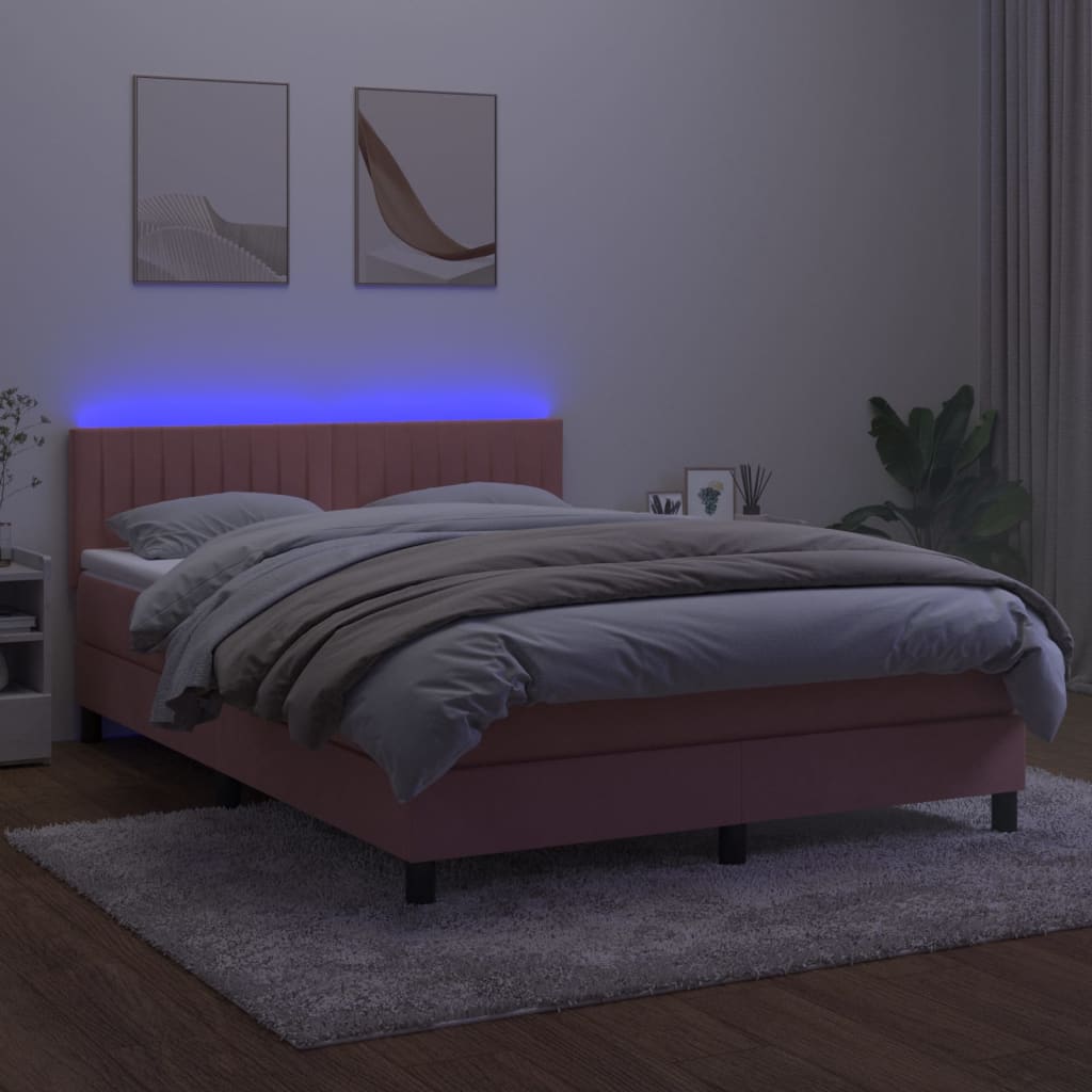Κρεβάτι Boxspring με Στρώμα & LED Ροζ 140x190 εκ. Βελούδινο