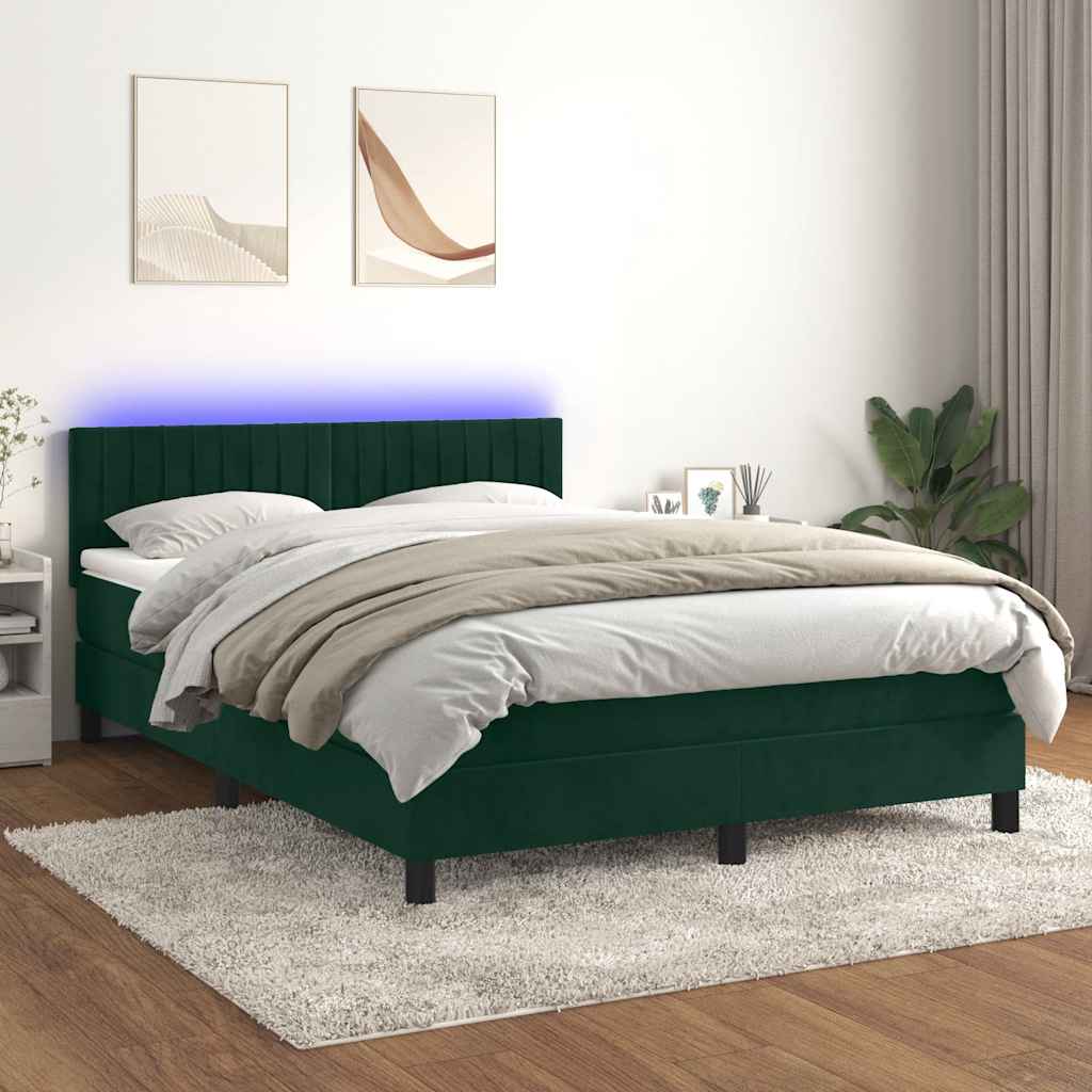 Κρεβάτι Boxspring με Στρώμα & LED Σκ. Πράσινο 140x200εκ Βελούδο