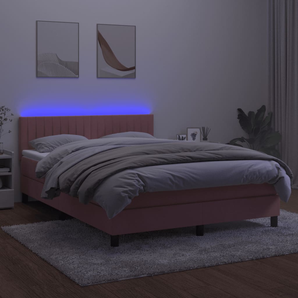 Κρεβάτι Boxspring με Στρώμα & LED Ροζ 140x200 εκ. Βελούδινο