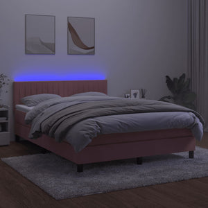 Κρεβάτι Boxspring με Στρώμα & LED Ροζ 140x200 εκ. Βελούδινο