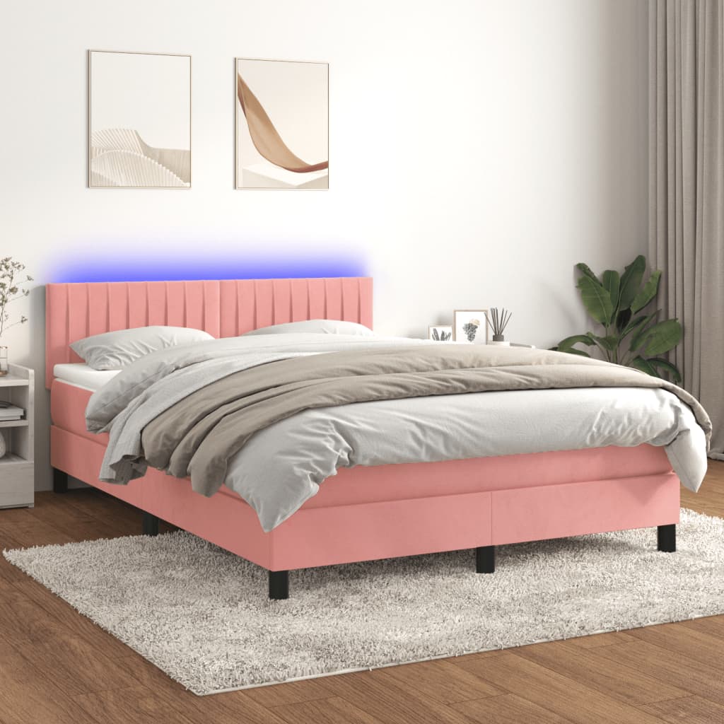 Κρεβάτι Boxspring με Στρώμα & LED Ροζ 140x200 εκ. Βελούδινο