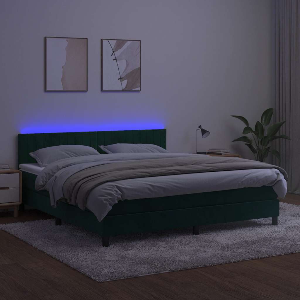 Κρεβάτι Boxspring με Στρώμα & LED Σκ. Πράσινο 160x200εκ Βελούδο