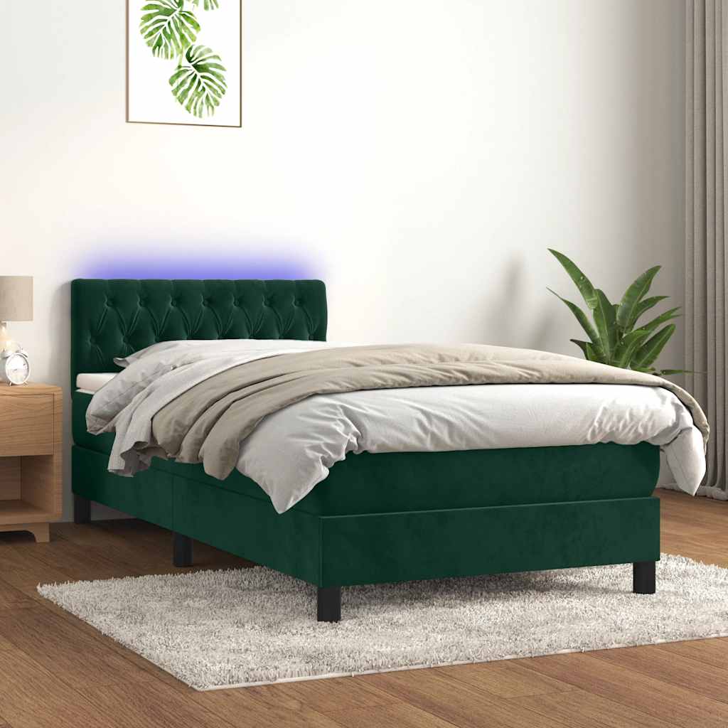 Κρεβάτι Boxspring με Στρώμα & LED Σκ. Πράσινο 90x190 εκ Βελούδο