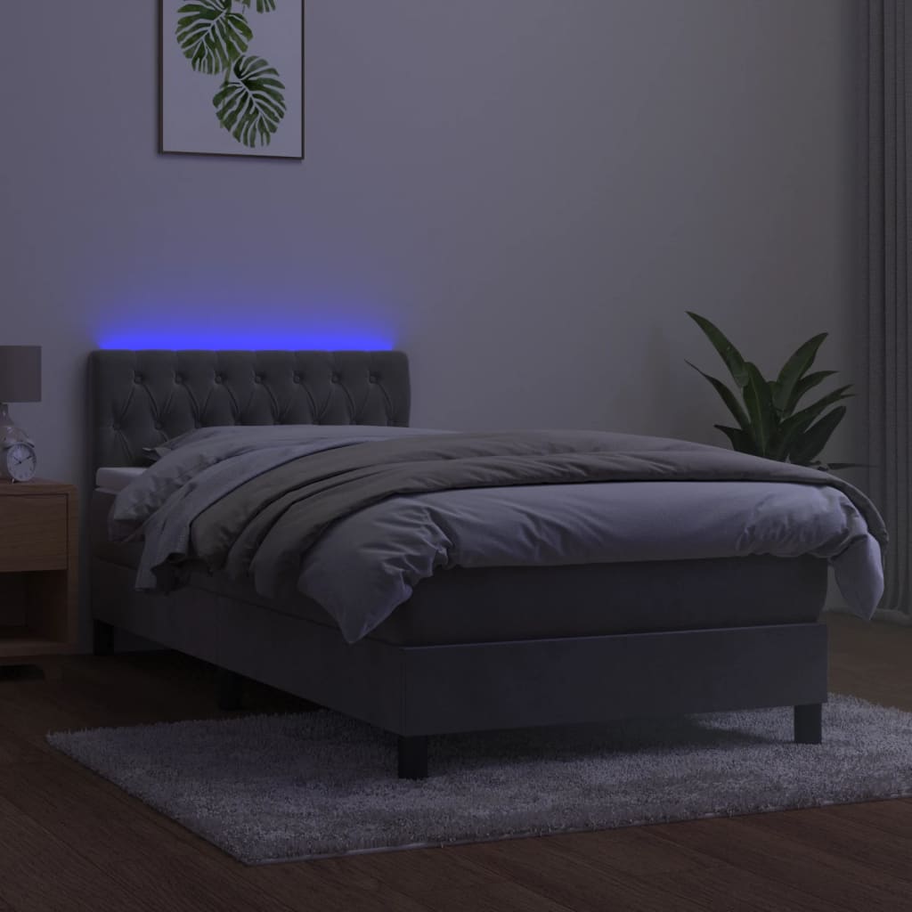 Κρεβάτι Boxspring με Στρώμα & LED Αν.Γκρι 90x200 εκ. Βελούδινο - Pakobazaar