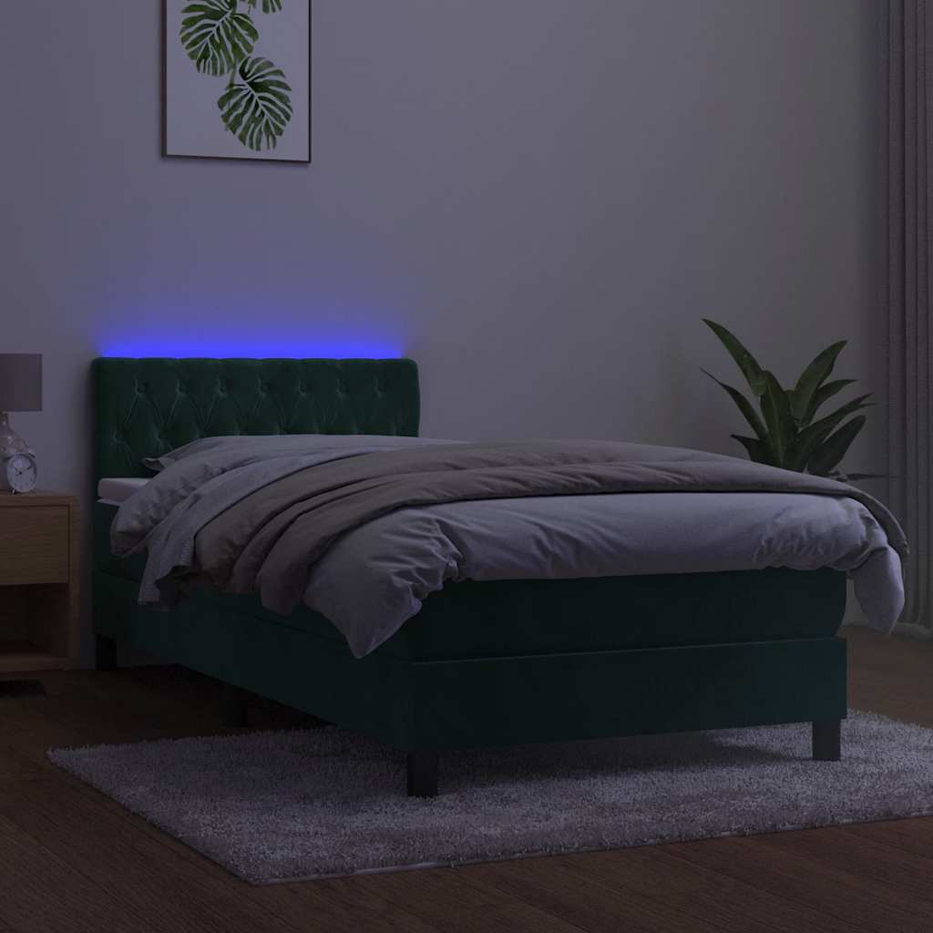 Κρεβάτι Boxspring με Στρώμα & LED Σκ. Πράσινο 90x200 εκ Βελούδο