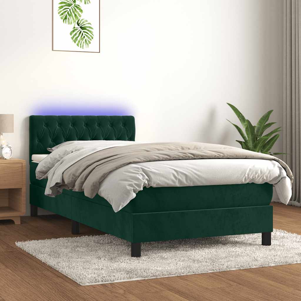Κρεβάτι Boxspring με Στρώμα & LED Σκ. Πράσινο 90x200 εκ Βελούδο