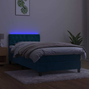 Κρεβάτι Boxspring με Στρώμα & LED Σκ. Μπλε 90x200 εκ. Βελούδινο