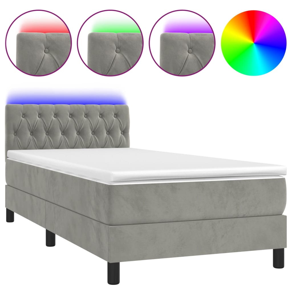 Κρεβάτι Boxspring με Στρώμα & LED Αν.Γκρι 100x200 εκ. Βελούδινο - Pakobazaar