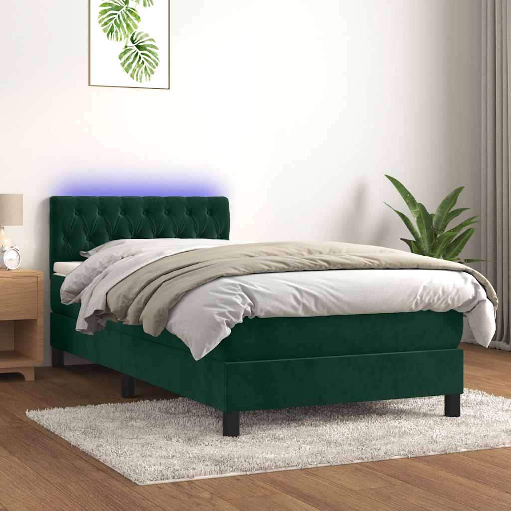 Κρεβάτι Boxspring με Στρώμα & LED Σκ. Πράσινο 100x200εκ Βελούδο