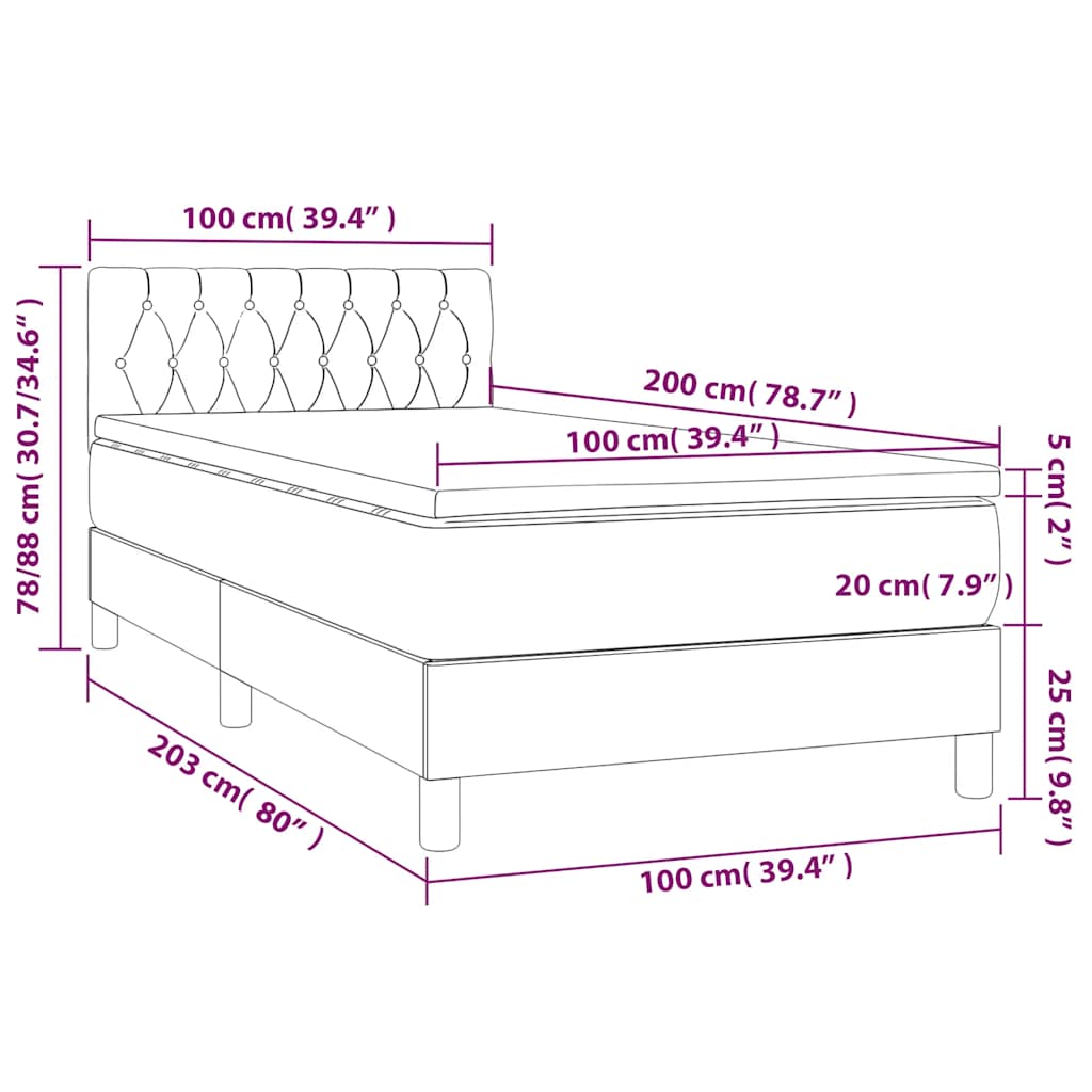 Κρεβάτι Boxspring με Στρώμα & LED Σκ. Μπλε 100x200εκ. Βελούδινο