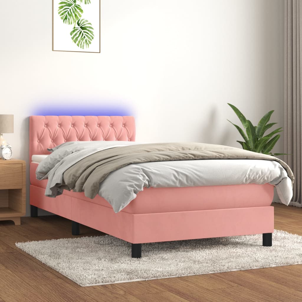 Κρεβάτι Boxspring με Στρώμα & LED Ροζ 100x200 εκ. Βελούδινο