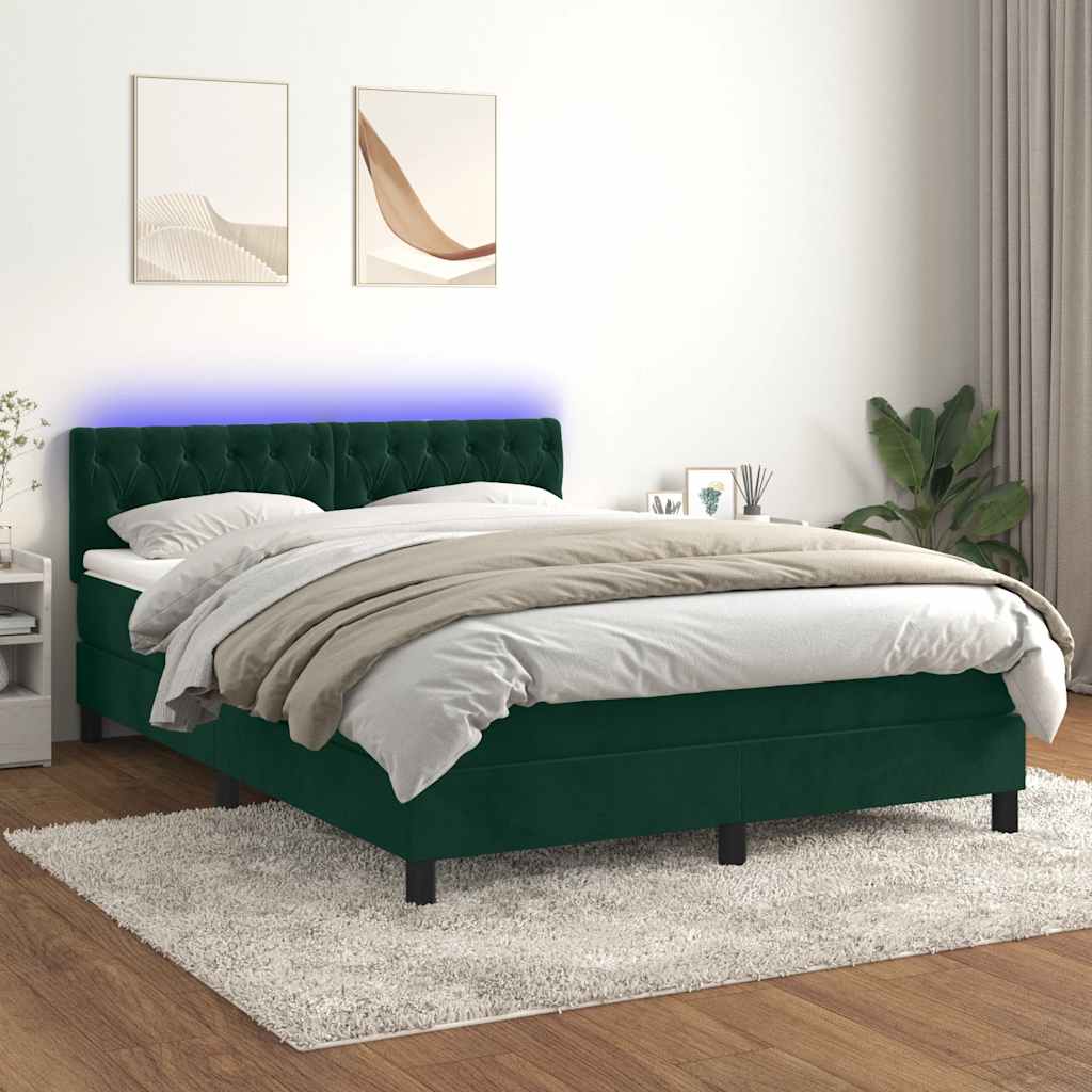 Κρεβάτι Boxspring με Στρώμα & LED Σκ. Πράσινο 140x190εκ Βελούδο