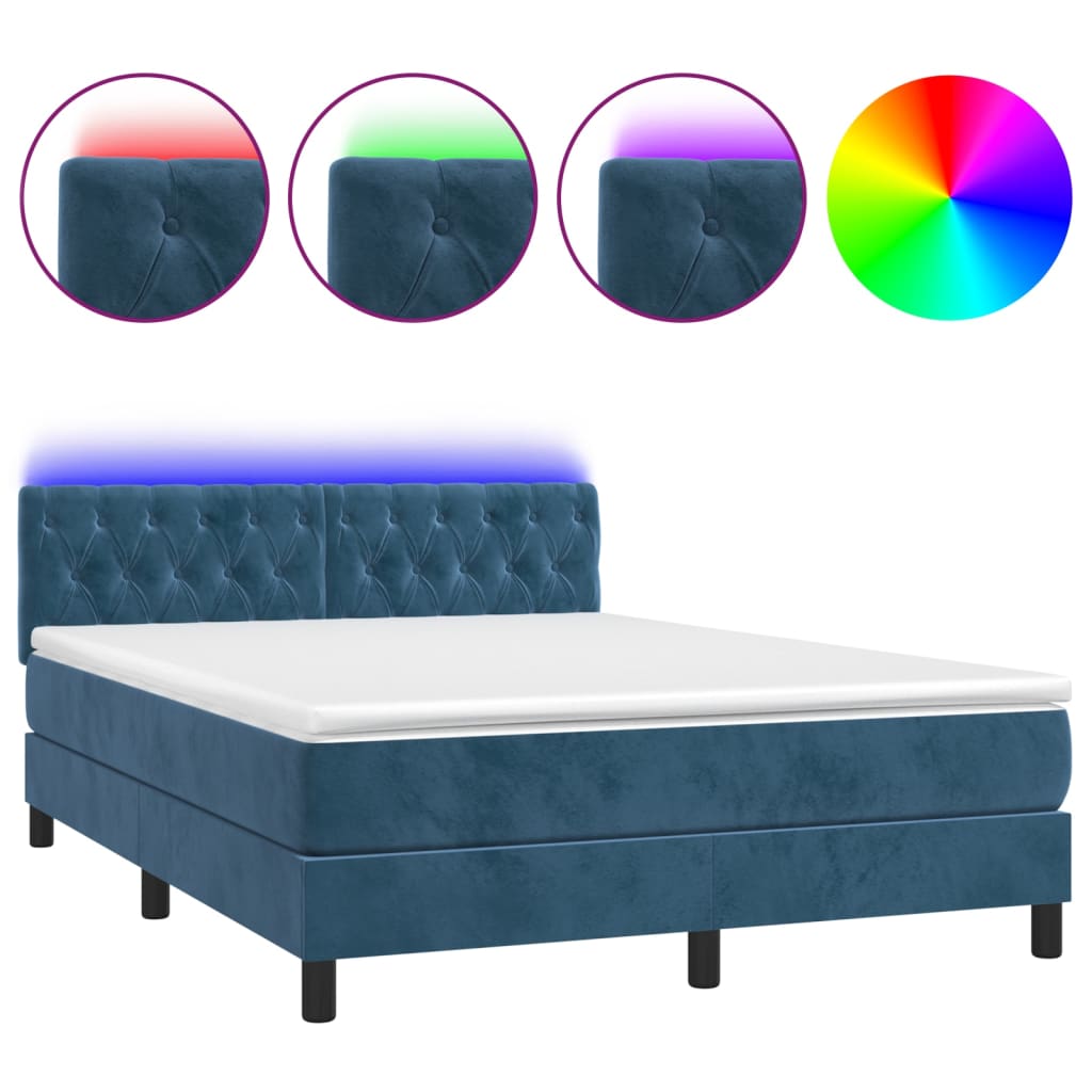 Κρεβάτι Boxspring με Στρώμα & LED Σκ. Μπλε 140x190εκ. Βελούδινο