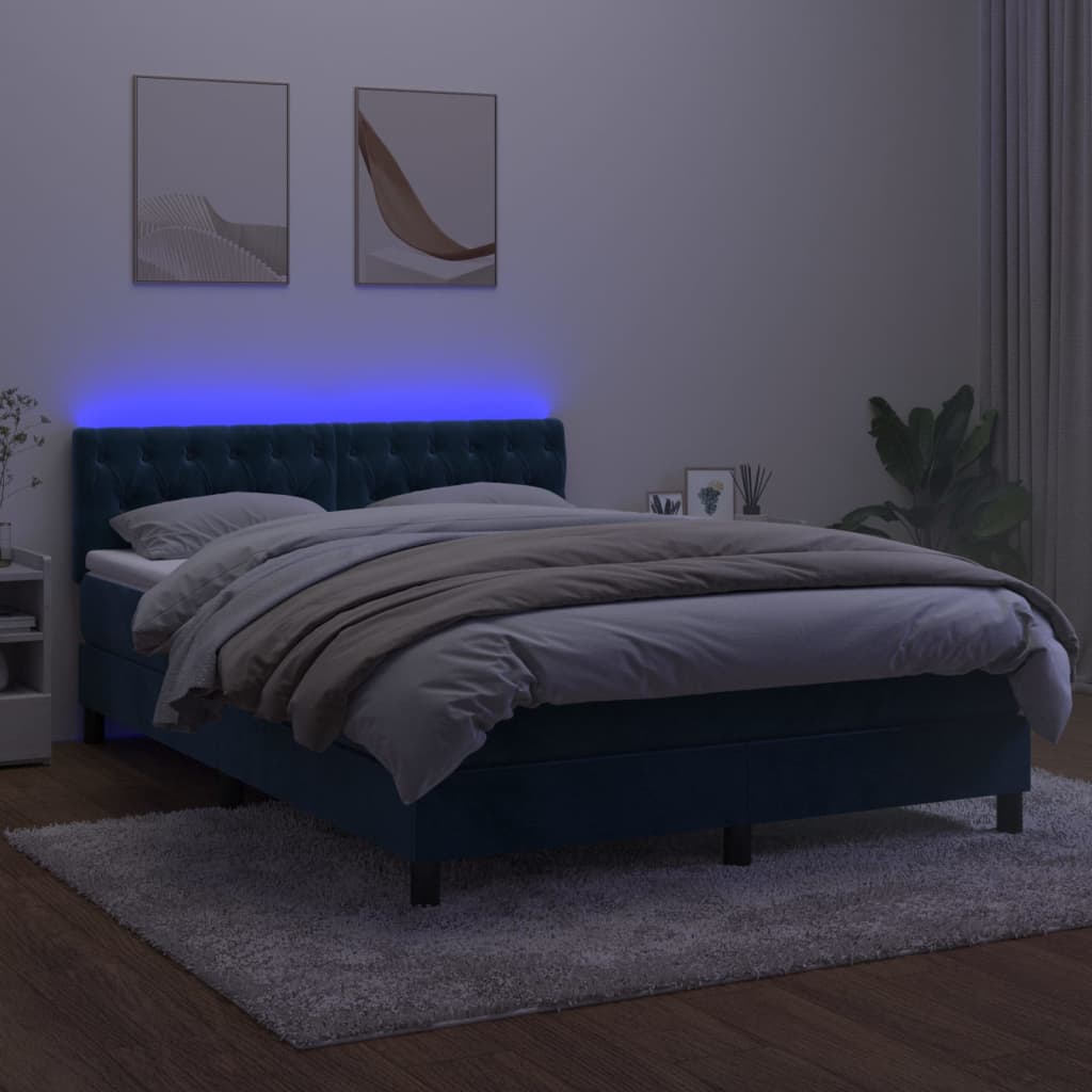 Κρεβάτι Boxspring με Στρώμα & LED Σκ. Μπλε 140x190εκ. Βελούδινο