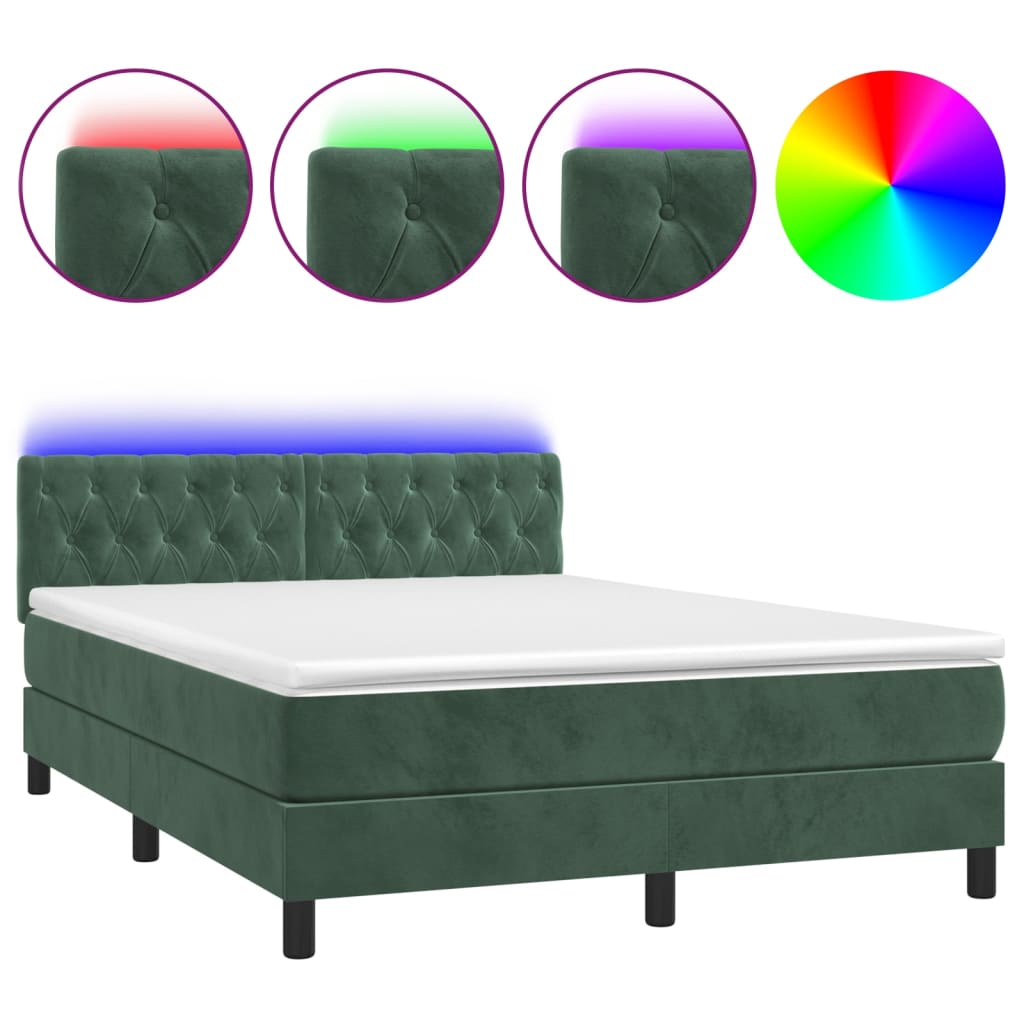 Κρεβάτι Boxspring με Στρώμα & LED Σκ. Πράσινο 140x200εκ Βελούδο
