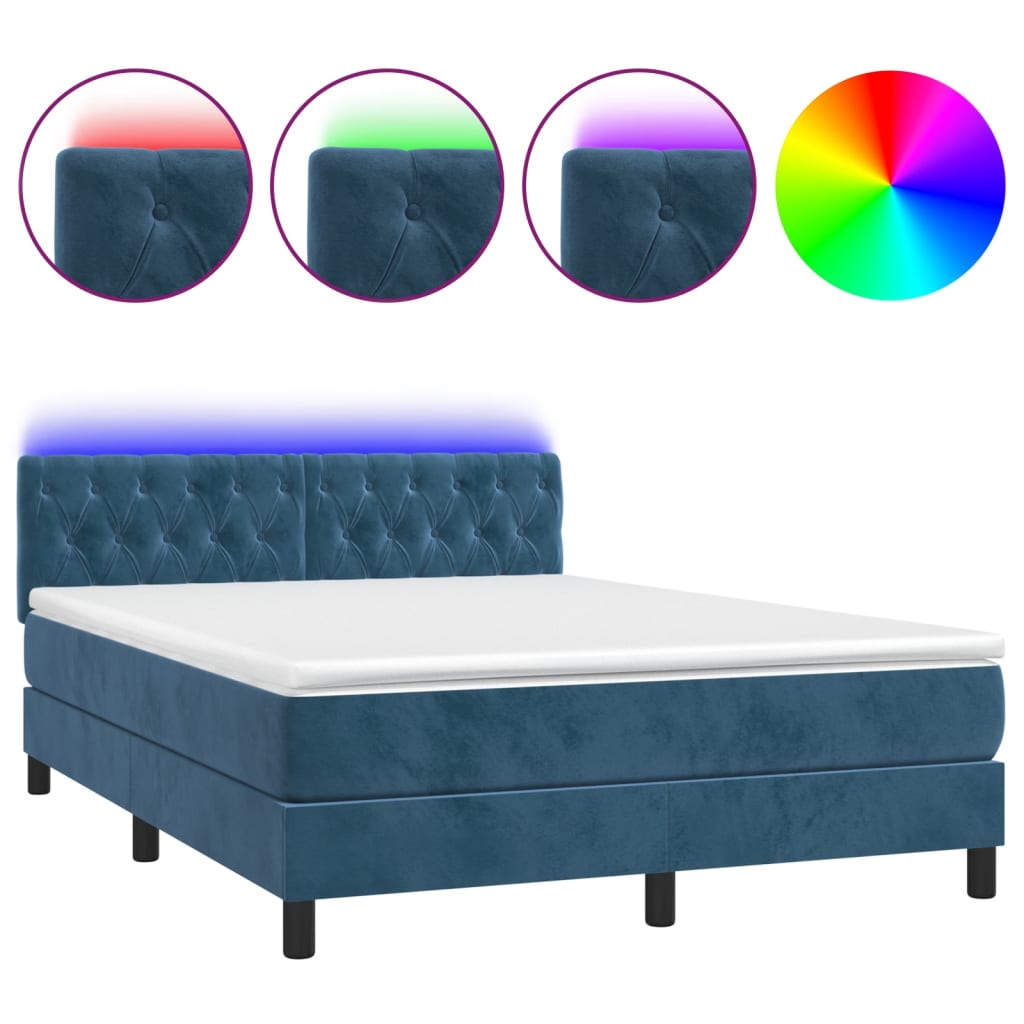 Κρεβάτι Boxspring με Στρώμα & LED Σκ. Μπλε 140x200εκ. Βελούδινο