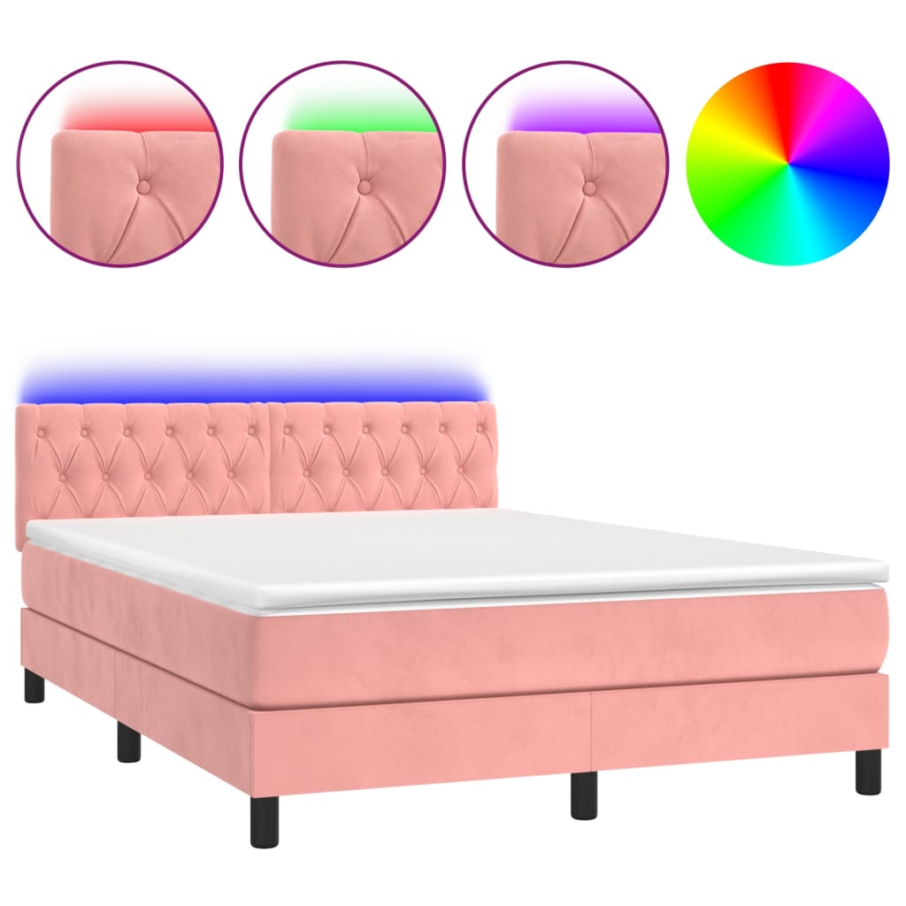Κρεβάτι Boxspring με Στρώμα & LED Ροζ 140x200 εκ. Βελούδινο - Pakobazaar