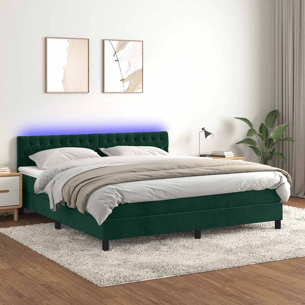 Κρεβάτι Boxspring με Στρώμα & LED Σκ. Πράσινο 160x200εκ Βελούδο