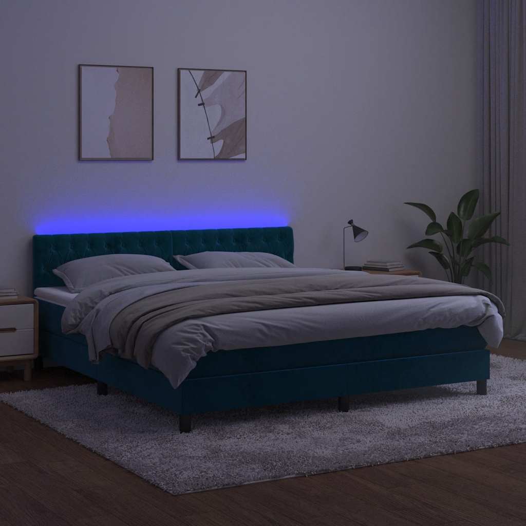 Κρεβάτι Boxspring με Στρώμα & LED Σκ. Μπλε 160x200εκ. Βελούδινο