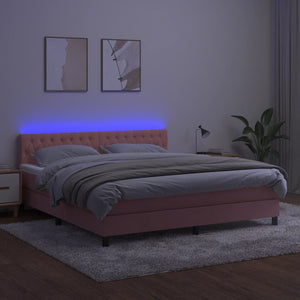 Κρεβάτι Boxspring με Στρώμα & LED Ροζ 180x200 εκ. Βελούδινο