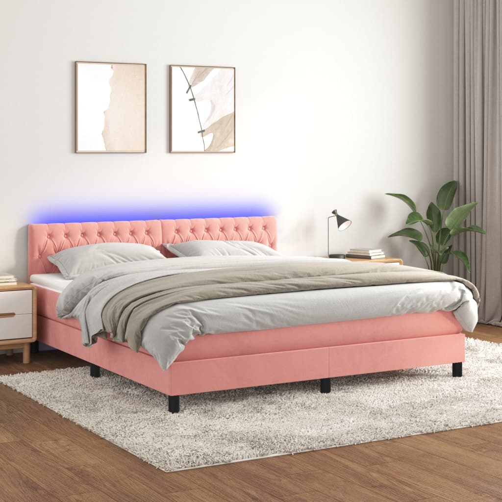 Κρεβάτι Boxspring με Στρώμα & LED Ροζ 180x200 εκ. Βελούδινο
