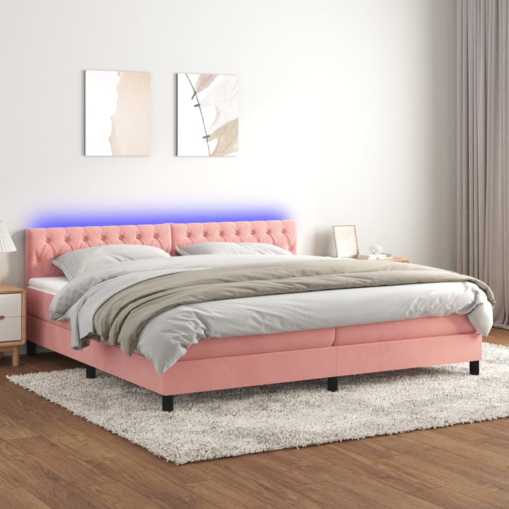 Κρεβάτι Boxspring με Στρώμα & LED Ροζ 200x200 εκ. Βελούδινο