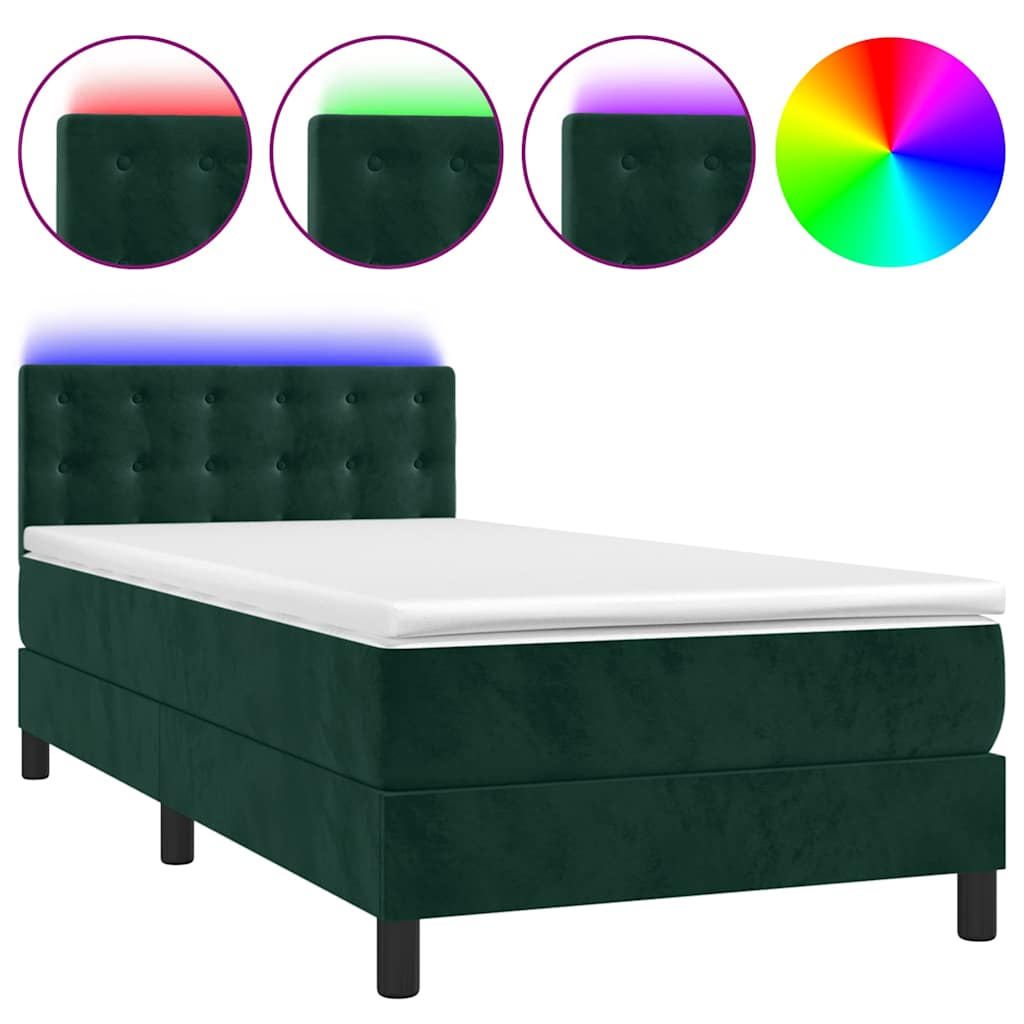 Κρεβάτι Boxspring με Στρώμα & LED Σκ. Πράσινο 90x190 εκ Βελούδο