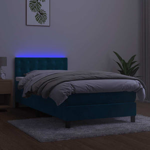 Κρεβάτι Boxspring με Στρώμα & LED Σκ. Μπλε 90x190 εκ. Βελούδινο