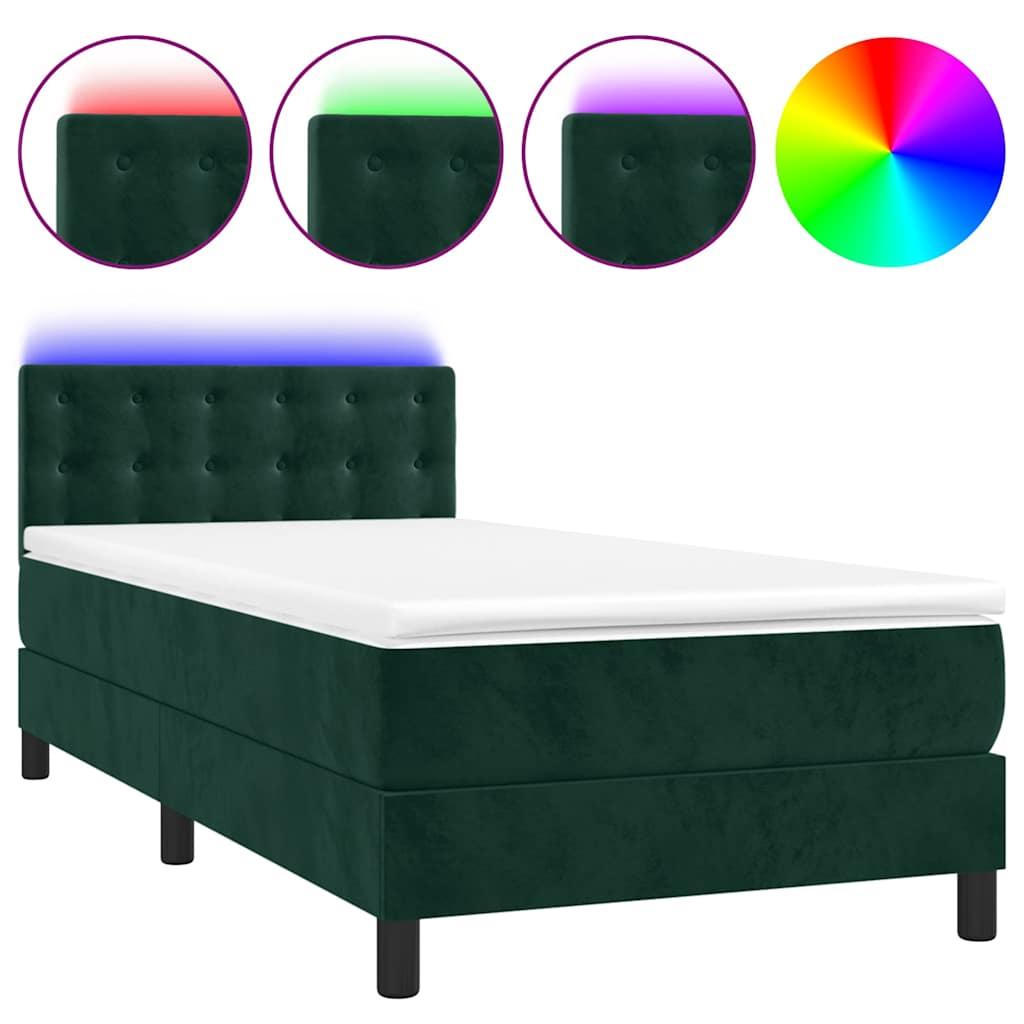 Κρεβάτι Boxspring με Στρώμα & LED Σκ. Πράσινο 90x200 εκ Βελούδο