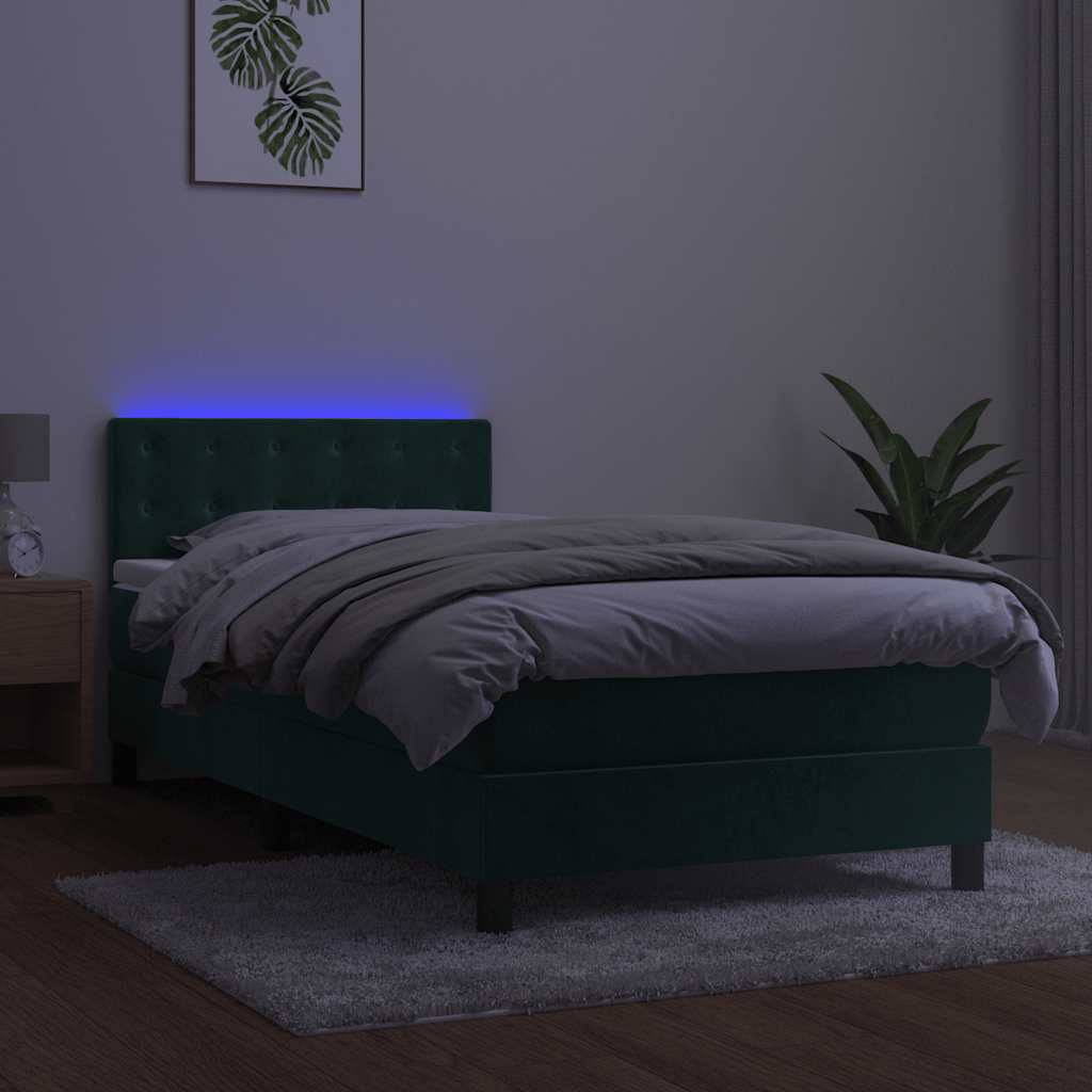 Κρεβάτι Boxspring με Στρώμα & LED Σκ. Πράσινο 90x200 εκ Βελούδο