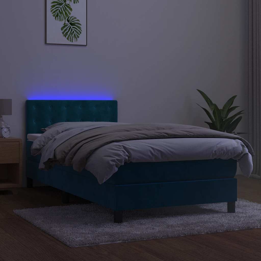 Κρεβάτι Boxspring με Στρώμα & LED Σκ. Μπλε 90x200 εκ. Βελούδινο