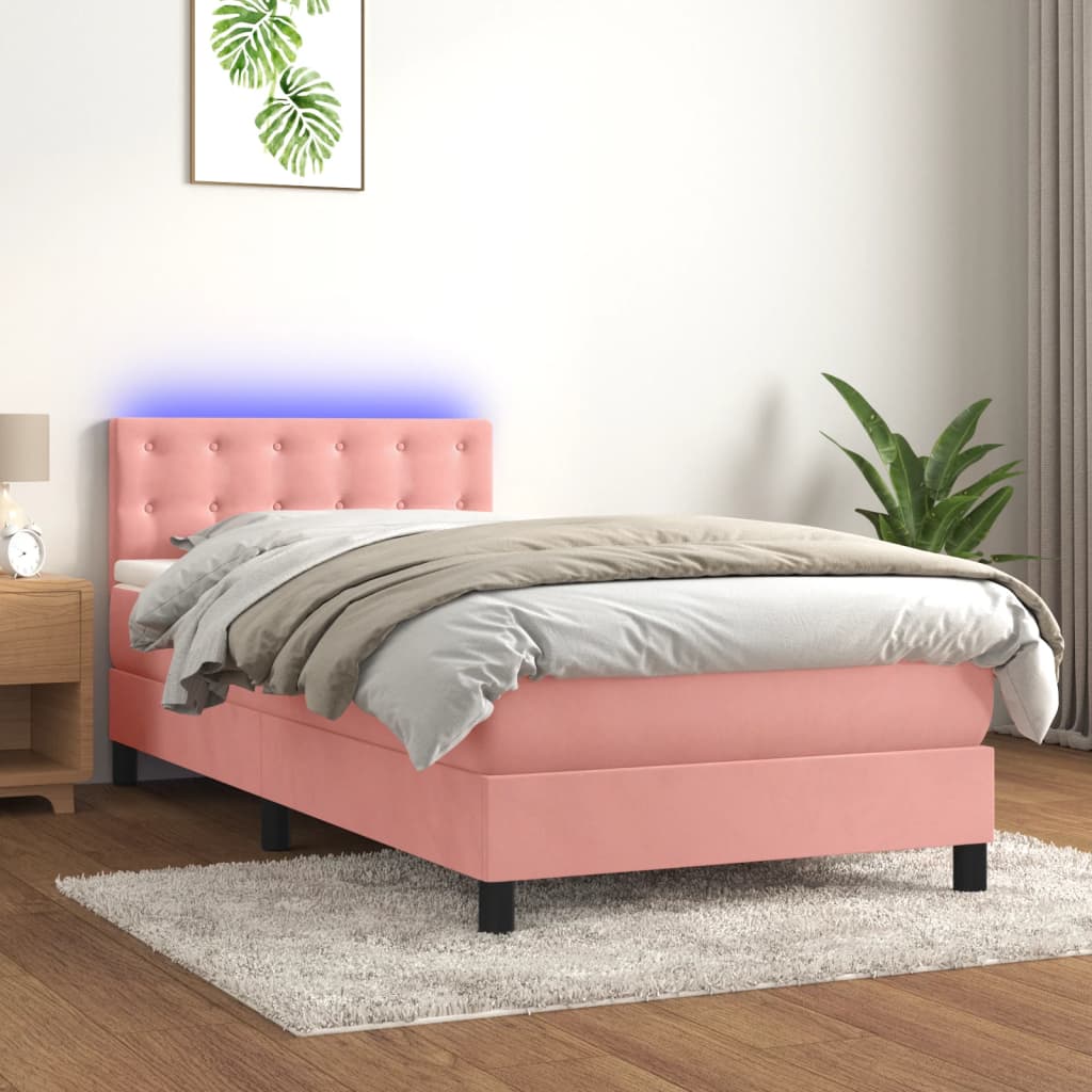 Κρεβάτι Boxspring με Στρώμα & LED Ροζ 90x200 εκ. Βελούδινο - Pakobazaar