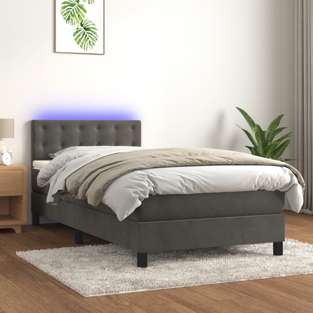 Κρεβάτι Boxspring με Στρώμα & LED Σκ. Γκρι 100x200εκ. Βελούδινο