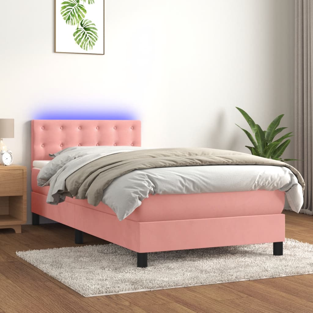 Κρεβάτι Boxspring με Στρώμα & LED Ροζ 100x200 εκ. Βελούδινο