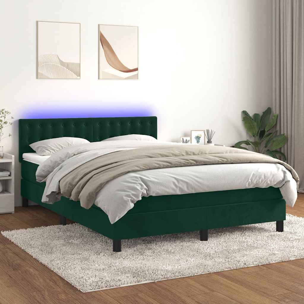 Κρεβάτι Boxspring με Στρώμα & LED Σκ. Πράσινο 140x190εκ Βελούδο