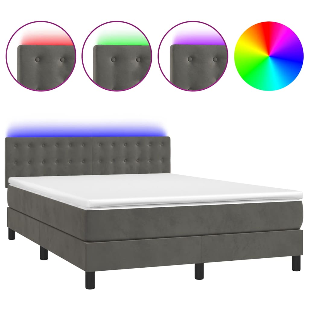 Κρεβάτι Boxspring με Στρώμα & LED Σκ. Γκρι 140x200εκ. Βελούδινο