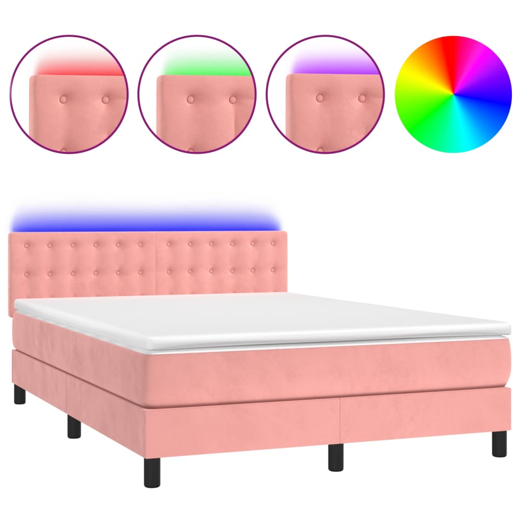 Κρεβάτι Boxspring με Στρώμα & LED Ροζ 140x200 εκ. Βελούδινο