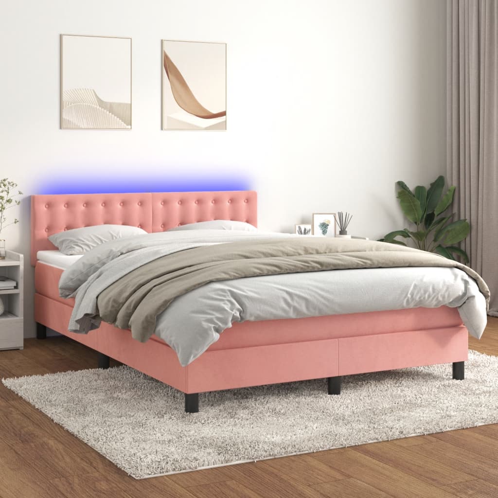 Κρεβάτι Boxspring με Στρώμα & LED Ροζ 140x200 εκ. Βελούδινο